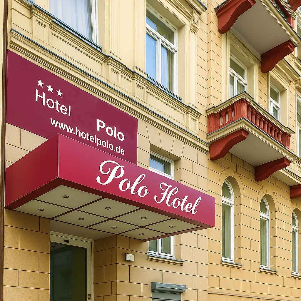 Eingang des Hotel Polo mit bordeauxrotem Vordach an der Adenauerallee